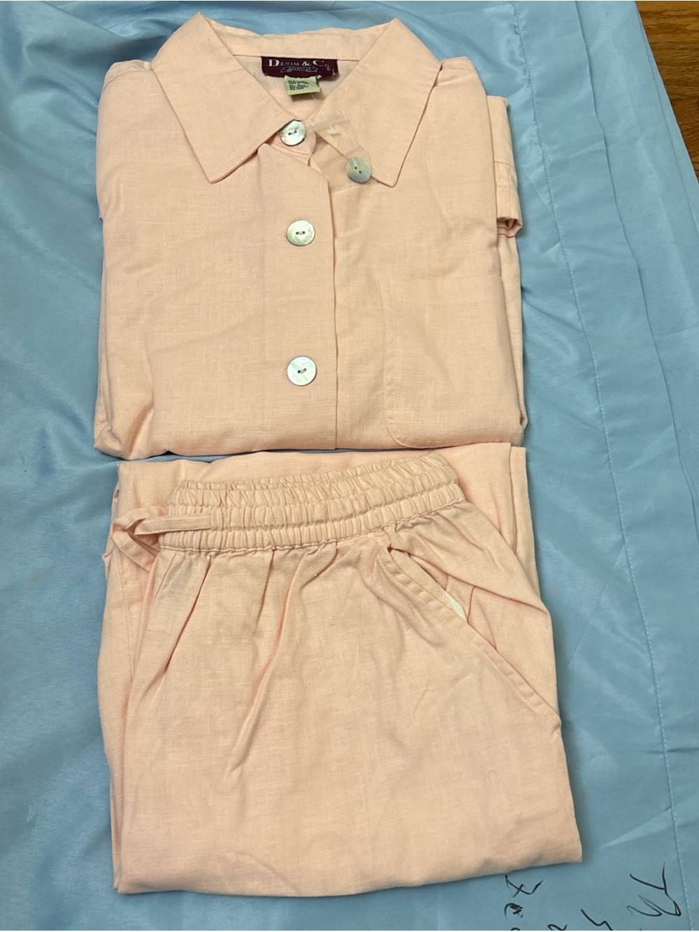 Denim & Co Linen Blend Pink Pant Suit Pockets Button Down Collar Shirt Belt